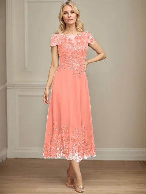 A-line Illusion Scoop Tea-Length Lace Chiffon Mother of the Bride Dress With Sequins