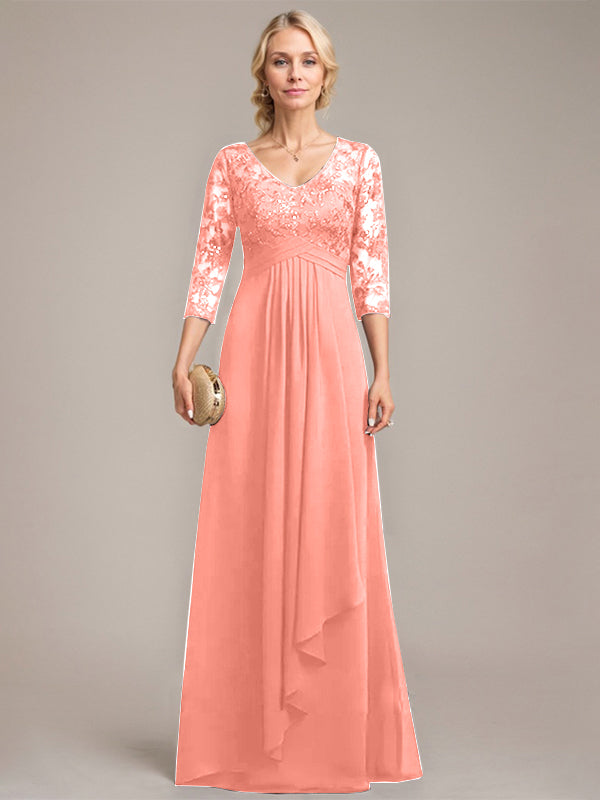 A-line V-Neck Floor-Length Lace Chiffon Mother of the Bride Dress With Cascading Ruffles Sequins