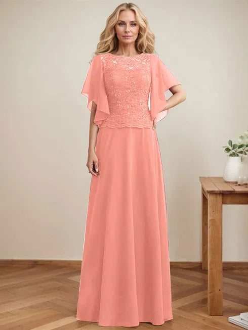 A-line Scoop Illusion Floor-Length Lace Chiffon Mother of the Bride Dress With Sequins