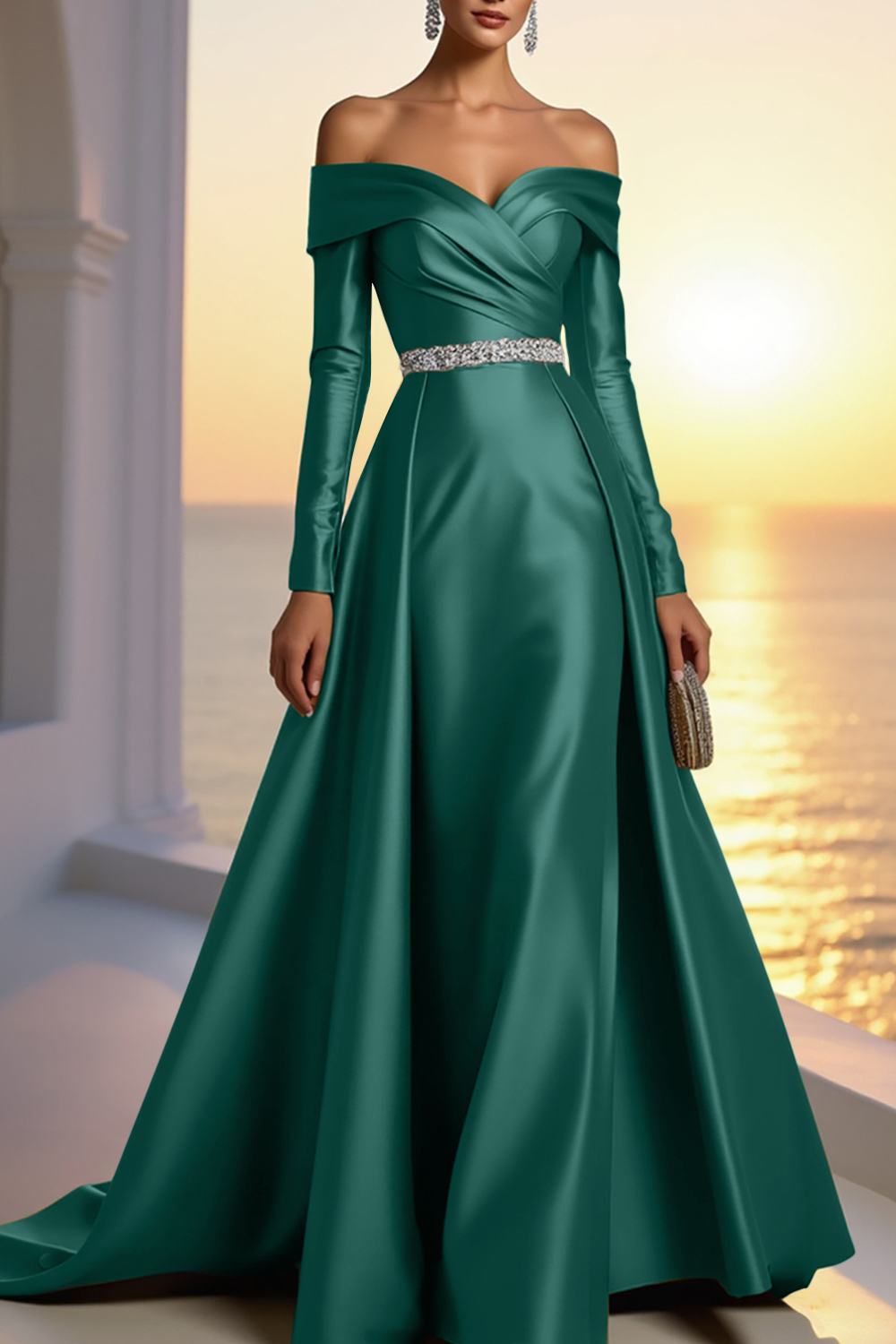 Formal Gold Satin Dress Off The Shoulder Long Sleeve Maxi Gown