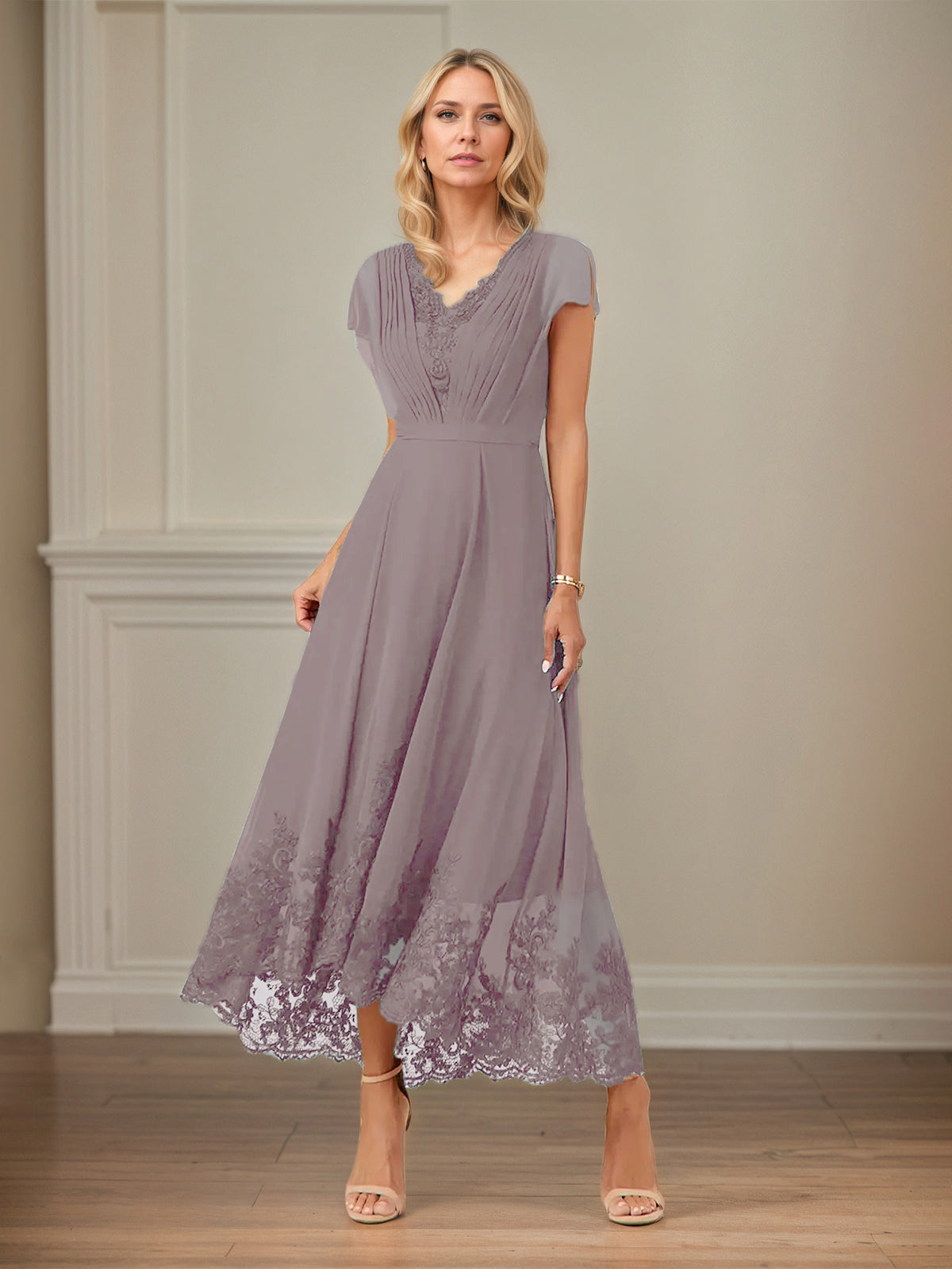 A Line V Neck Flutter Sleeve Ankle Length Chiffon Dress With Appliques