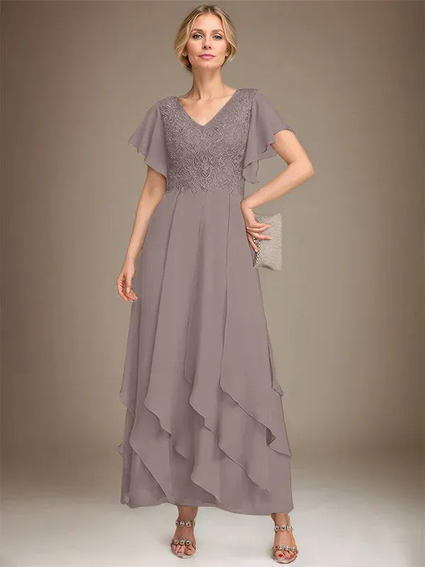 A-line V-Neck Ankle-Length Lace Chiffon Mother of the Bride Dress With Cascading Ruffles