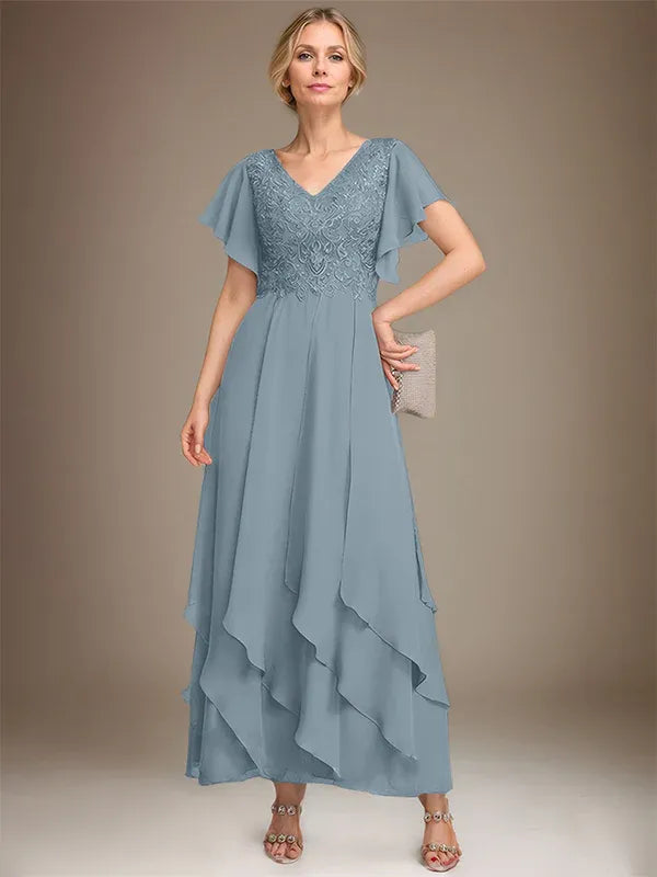 A-line V-Neck Ankle-Length Lace Chiffon Mother of the Bride Dress With Cascading Ruffles