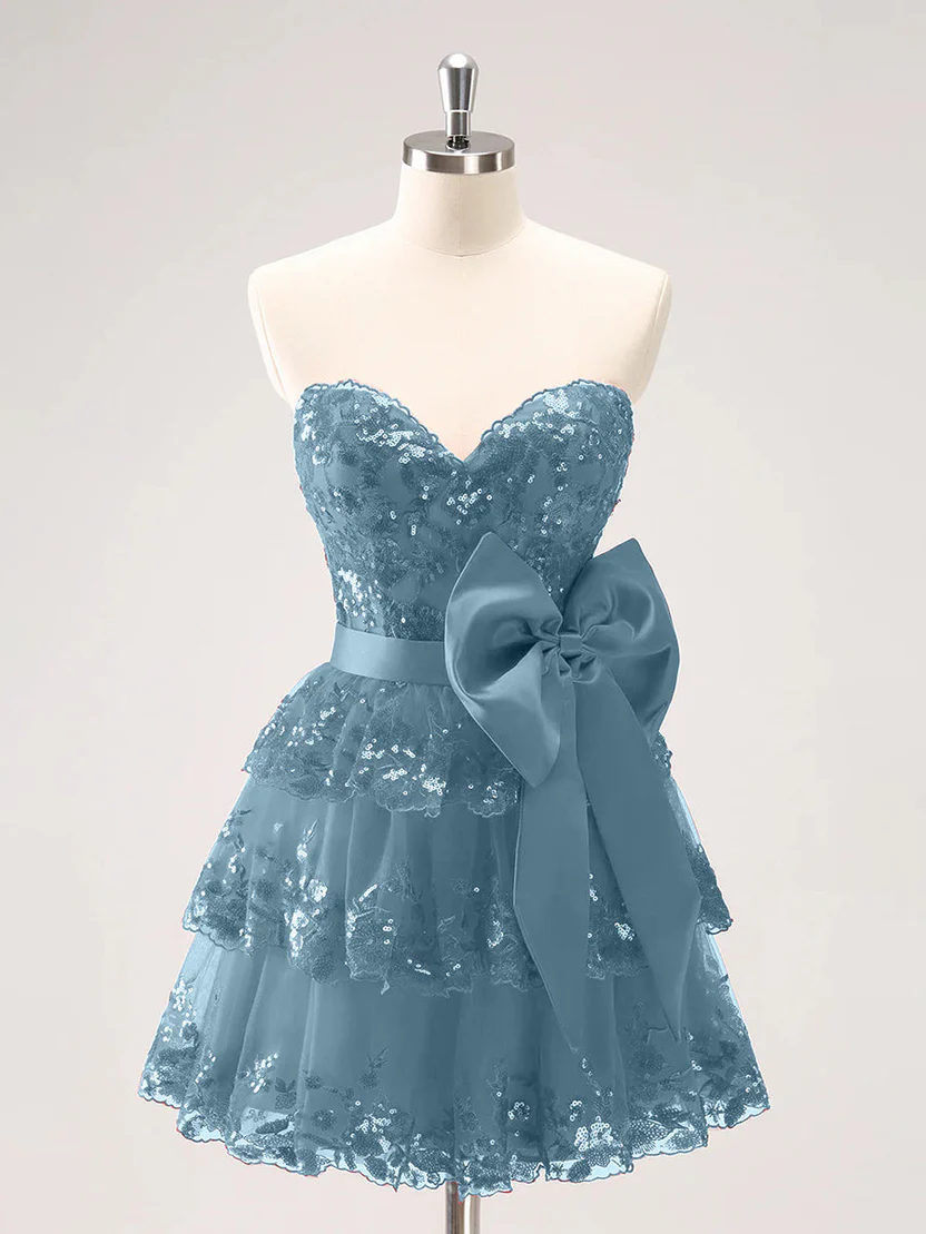 Sparkly A Line Sweetheart Corset Tiered Ruffle Homecoming Dress with Bows