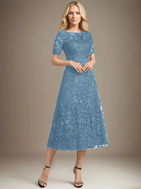 A-line Scoop Illusion Tea-Length Lace Mother of the Bride Dress With Sequins