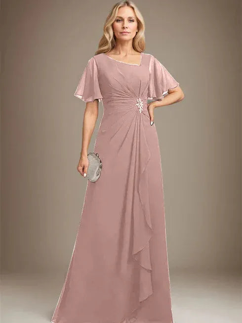 A-line Asymmetrical Floor-Length Chiffon Mother of the Bride Dress With Pleated Beading Sequins