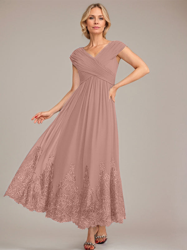 A-line V-Neck Ankle-Length Chiffon Mother of the Bride Dress With Applique Sequins