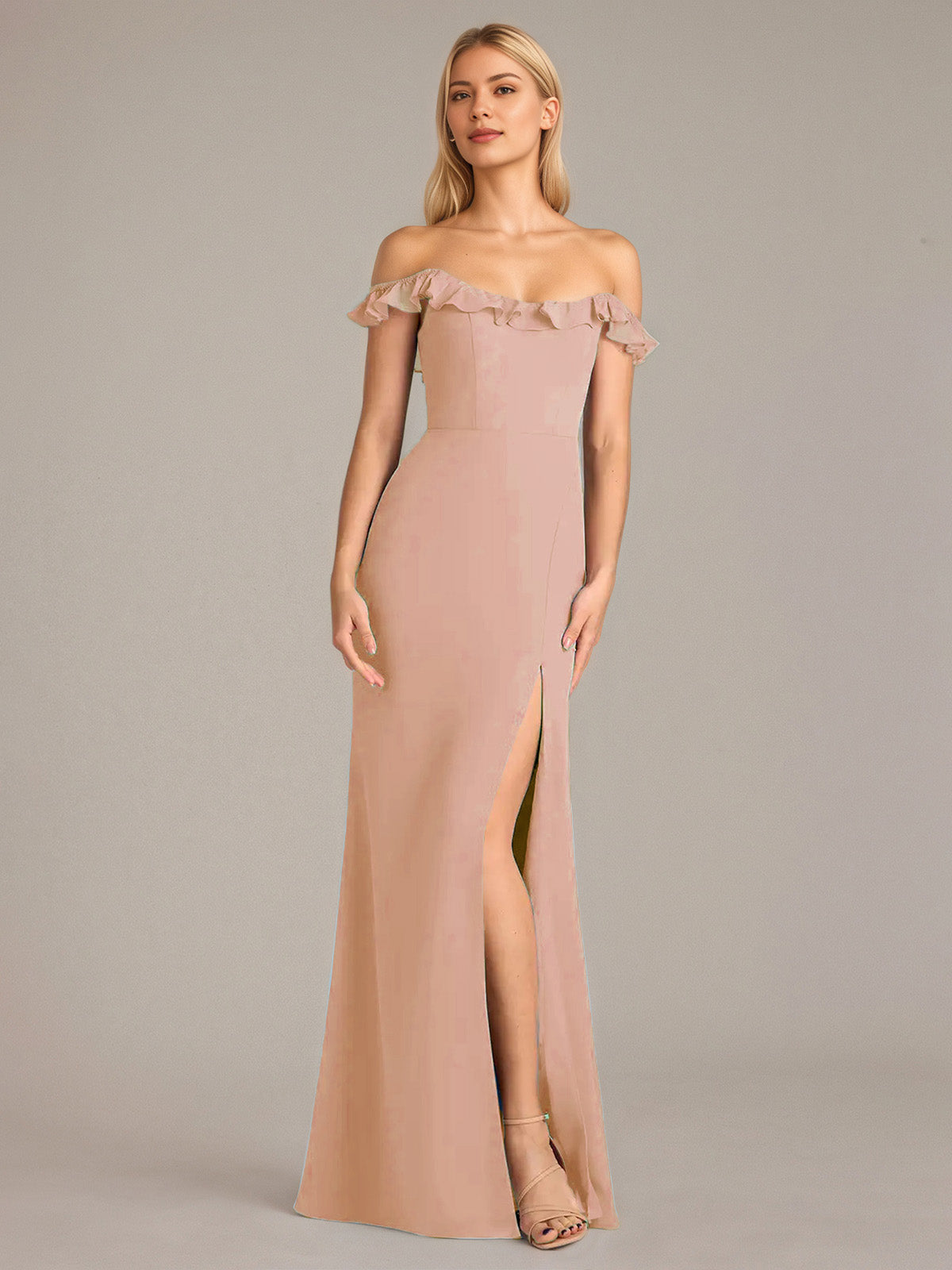 Sheath/Column Chiffon Off The Shoulder Sleeveless Floor Length Dresses With Ruffles