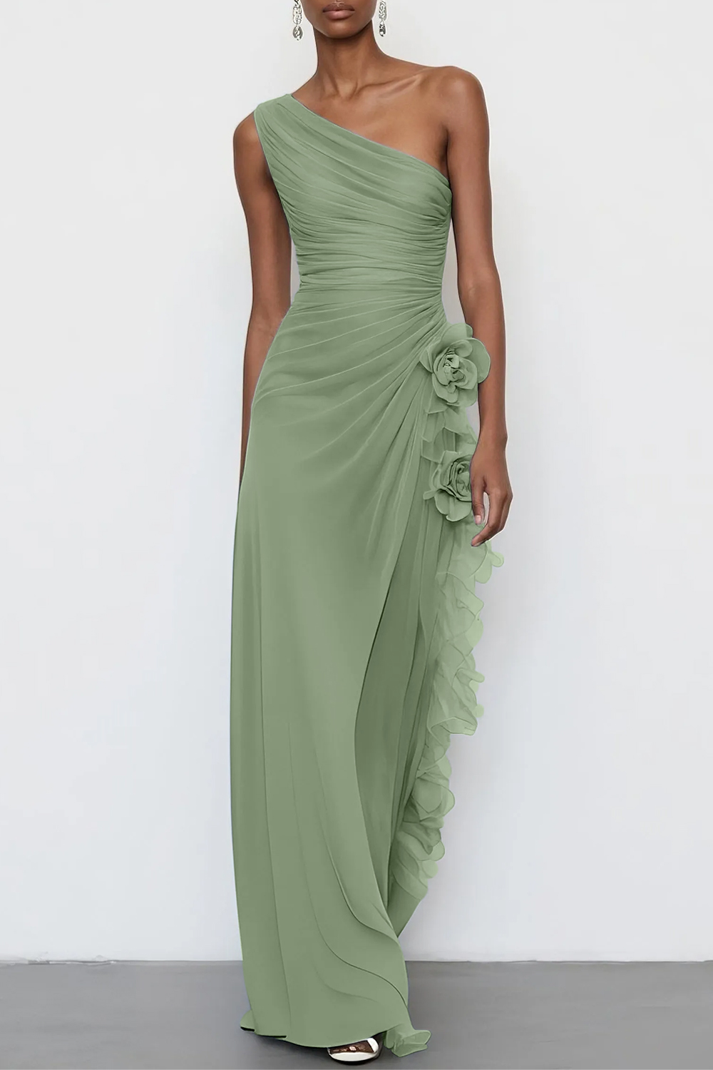 Light Blue 3D Floral Chiffon One Shoulder Sleeveless Sheath Maxi Dress