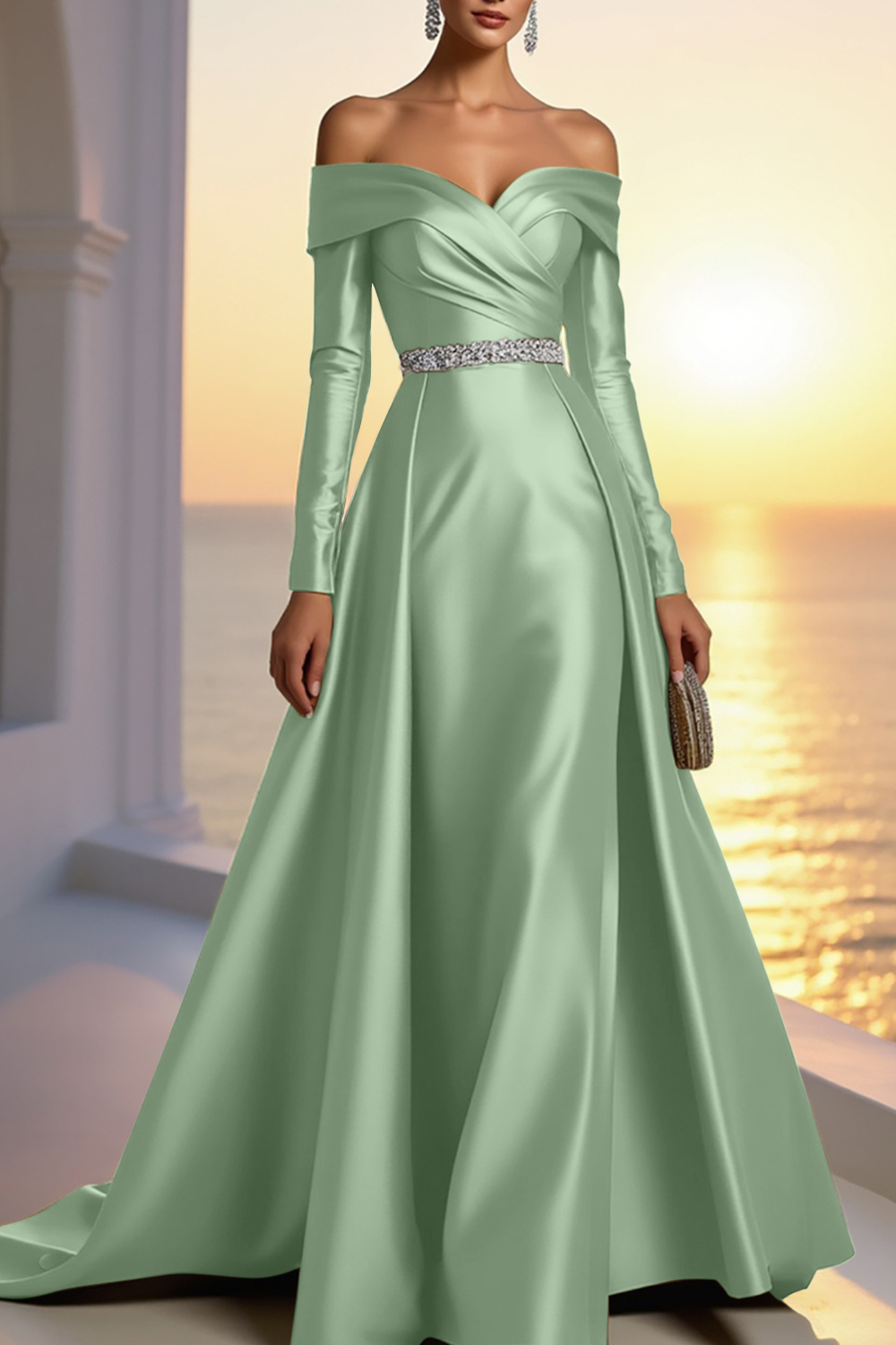 Formal Gold Satin Dress Off The Shoulder Long Sleeve Maxi Gown