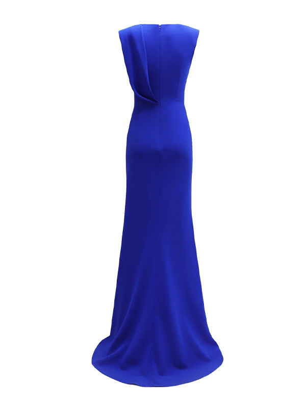 Evening Dress Royal Blue V-Neck  Off the Shoulder Ruffles Sleeveless High Slit