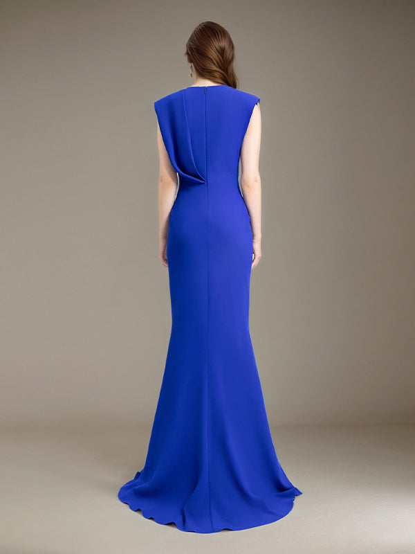 Evening Dress Royal Blue V-Neck  Off the Shoulder Ruffles Sleeveless High Slit