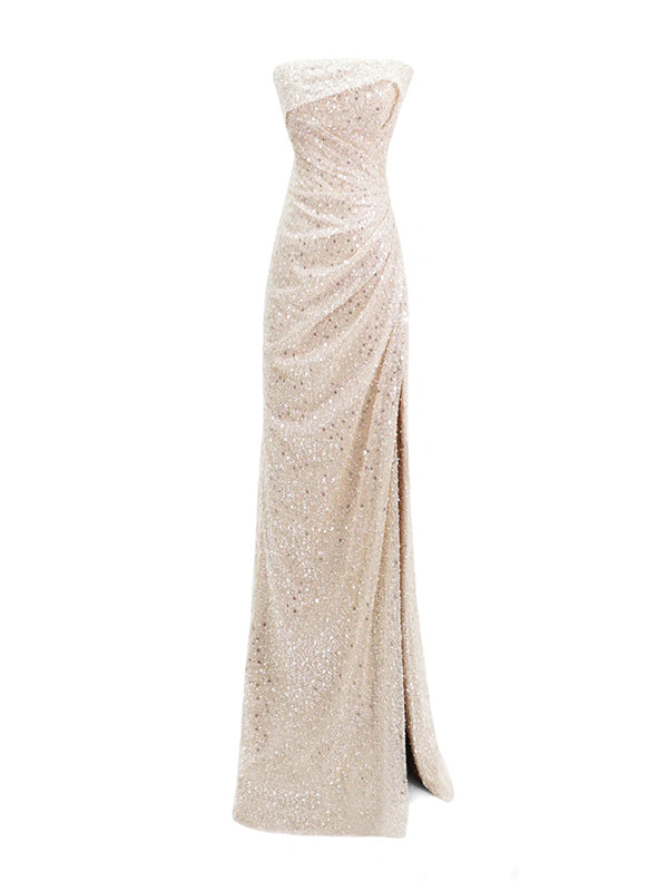 Evening Dress Off the Shoulder	Sequins Sleeveless Ruffles High Slit