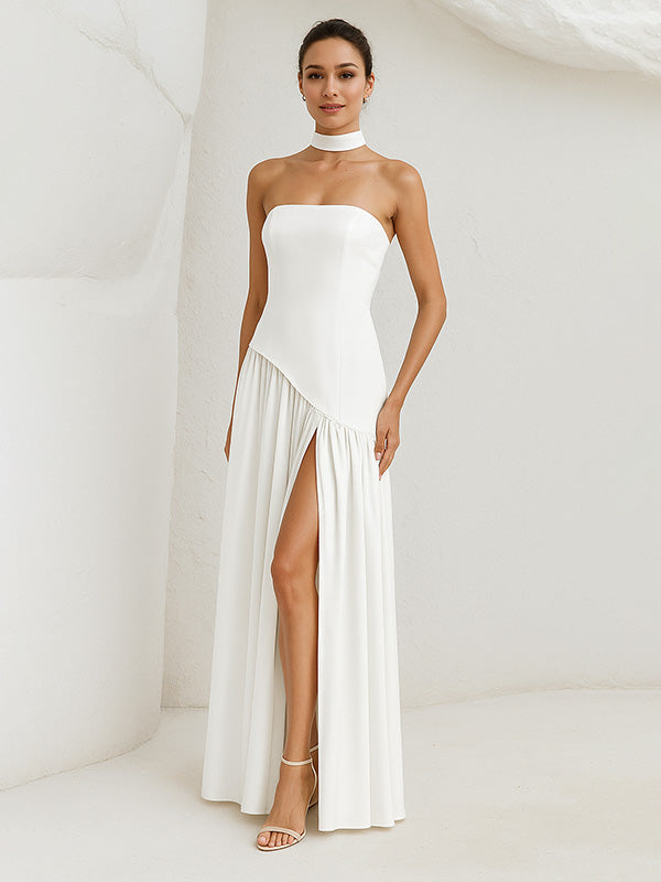 Elegant Mint Green Strapless Pleated Maxi Dress With Slit