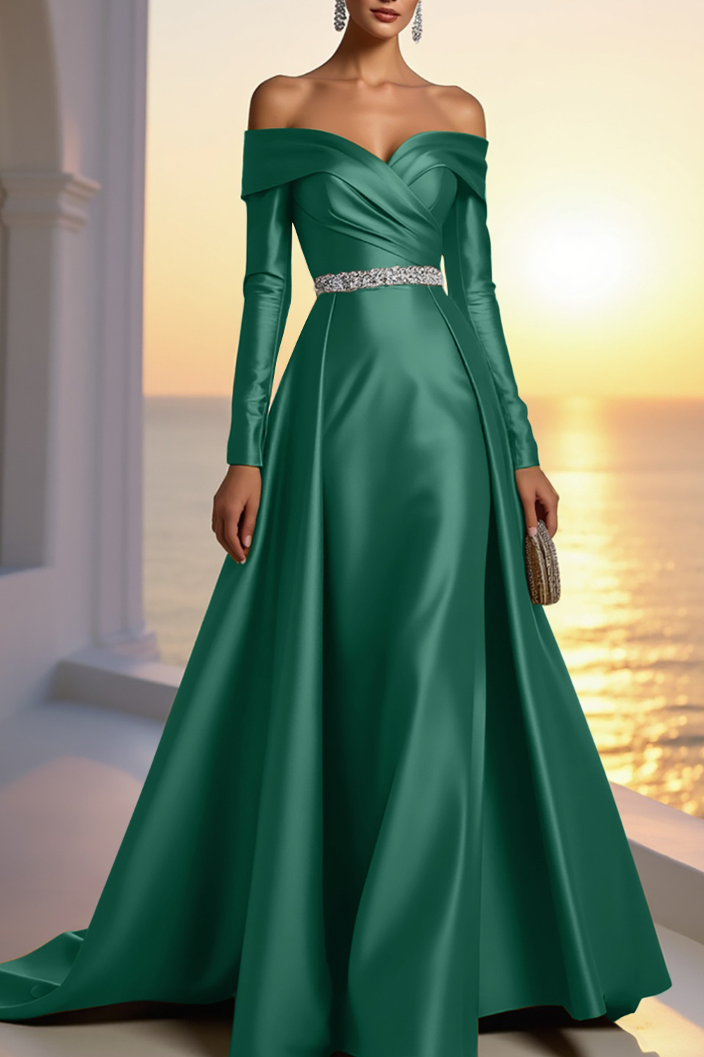 Formal Gold Satin Dress Off The Shoulder Long Sleeve Maxi Gown