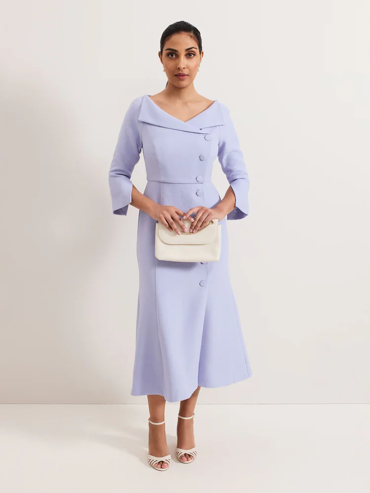 Asymmetric Fold-Collar Button-Detail Midi Dress