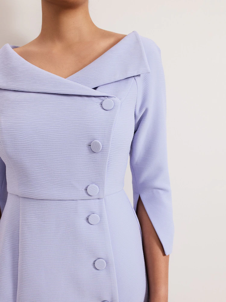 Asymmetric Fold-Collar Button-Detail Midi Dress