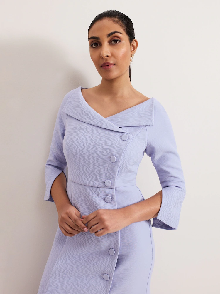 Asymmetric Fold-Collar Button-Detail Midi Dress