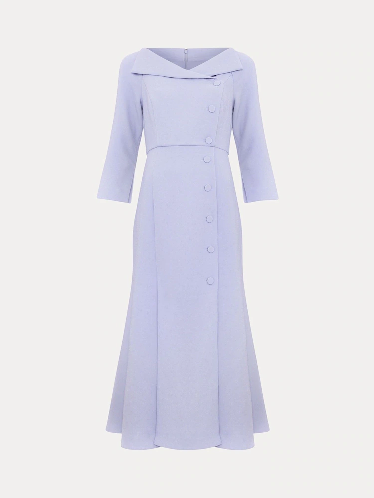 Asymmetric Fold-Collar Button-Detail Midi Dress