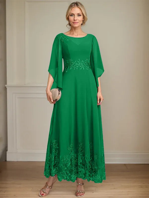 A-line Scoop Illusion Ankle-Length Lace Chiffon Mother of the Bride Dress With Sequins