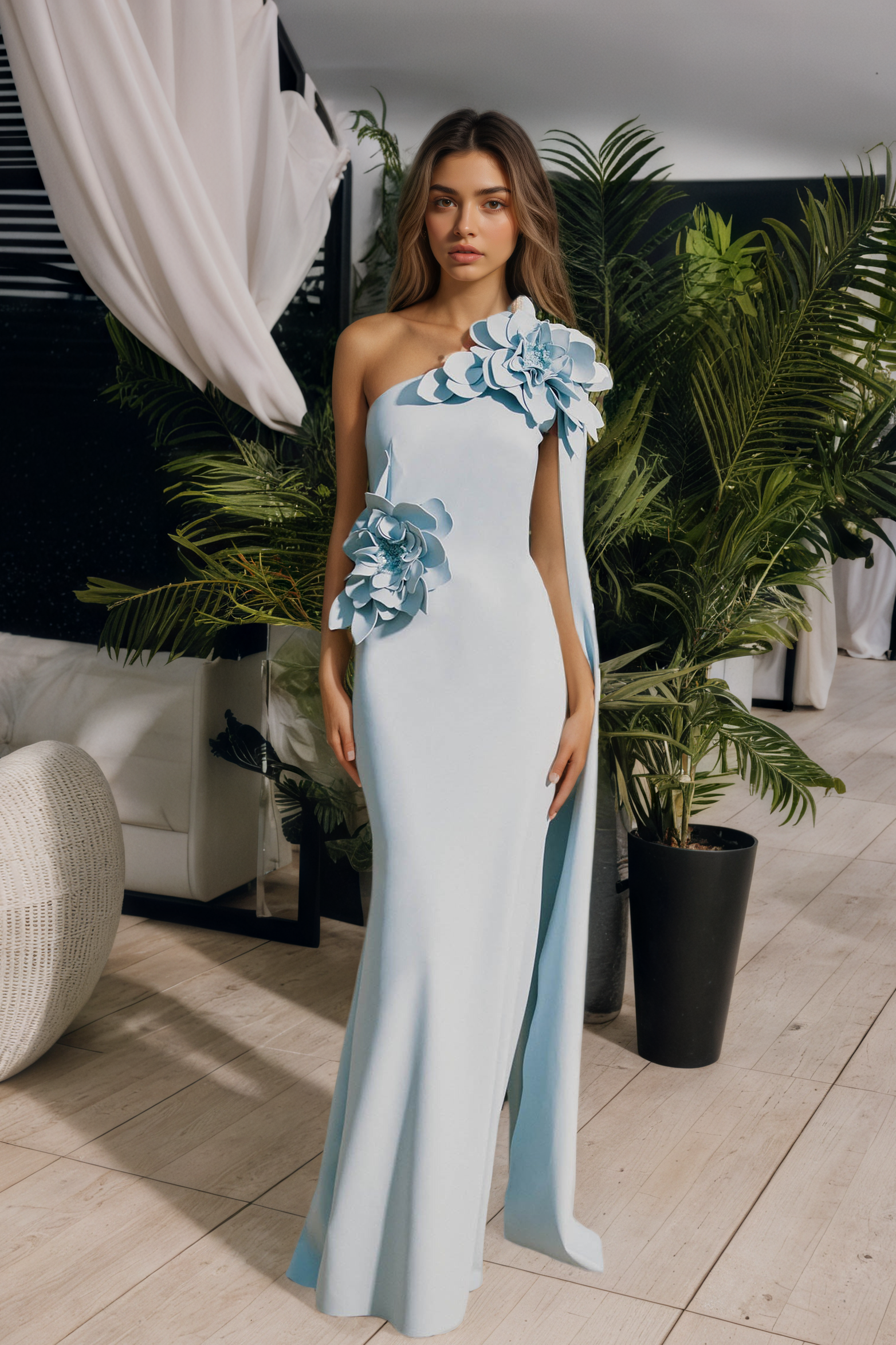 Sky Blue Off-the-Shoulder Maxi Dress with 3D Flowers