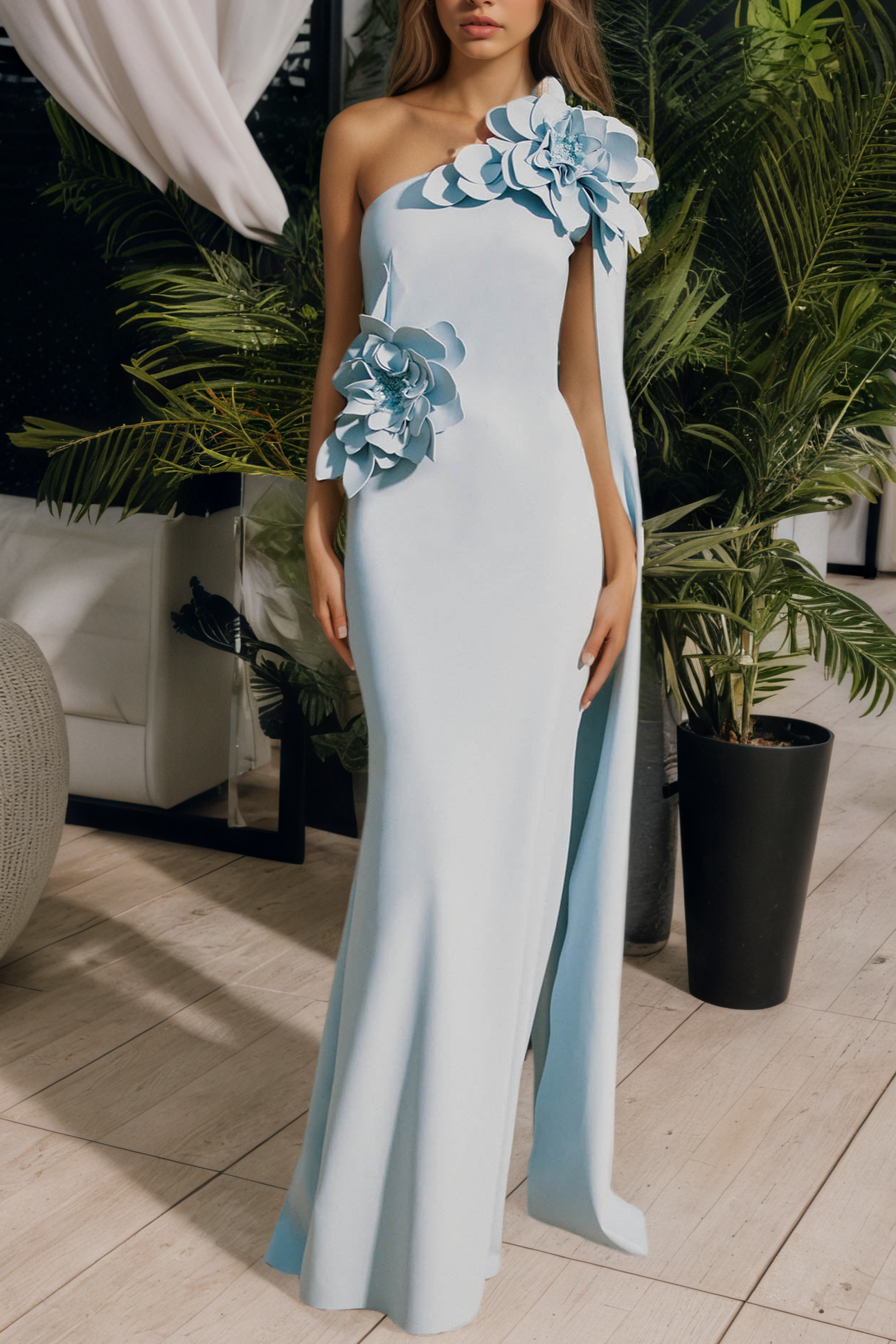 Sky Blue Off-the-Shoulder Maxi Dress with 3D Flowers