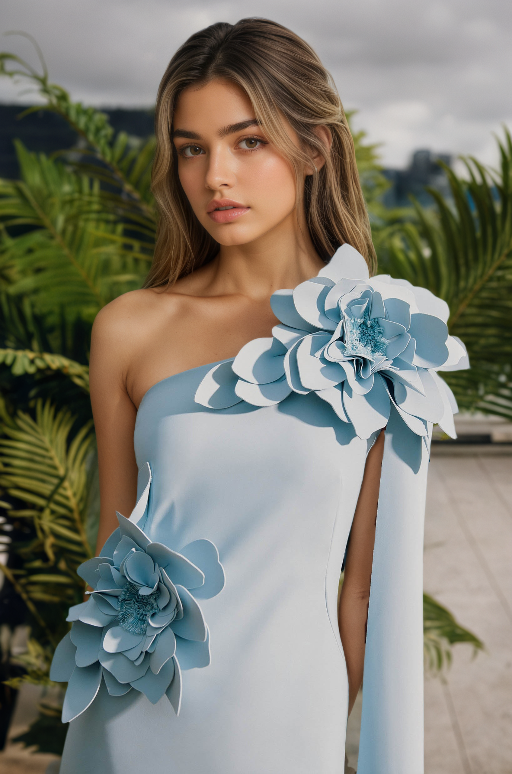 Sky Blue Off-the-Shoulder Maxi Dress with 3D Flowers