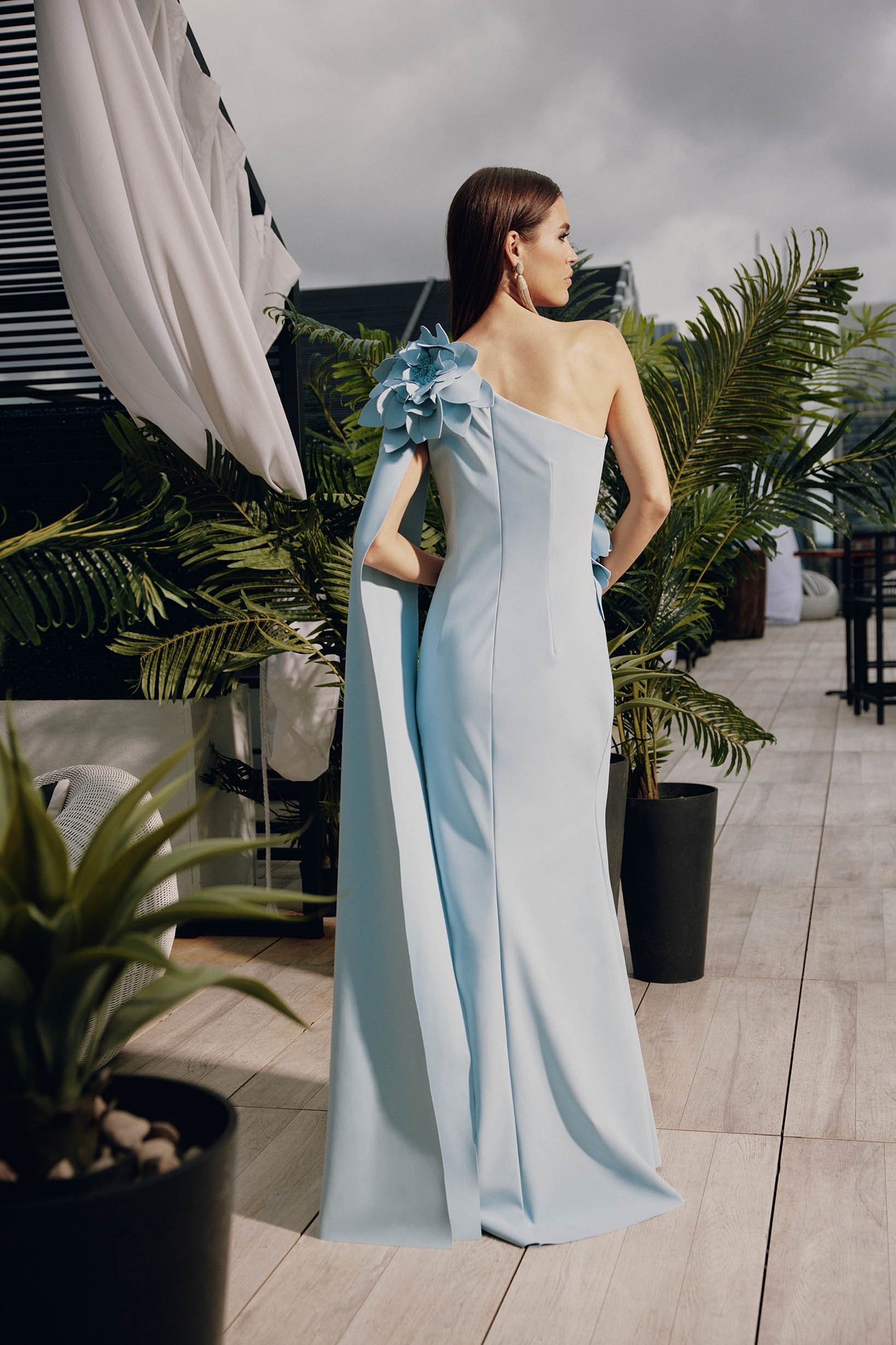 Sky Blue Off-the-Shoulder Maxi Dress with 3D Flowers