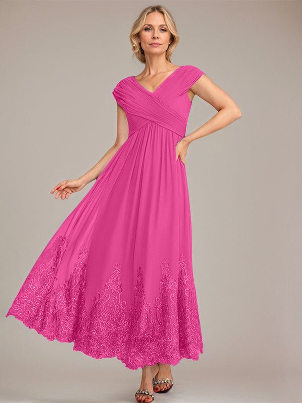 A-line V-Neck Ankle-Length Chiffon Mother of the Bride Dress With Applique Sequins