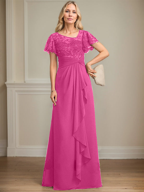 A-line Asymmetrical Illusion Floor-Length Lace Chiffon Mother of the Bride Dress With Cascading Ruffles Sequins