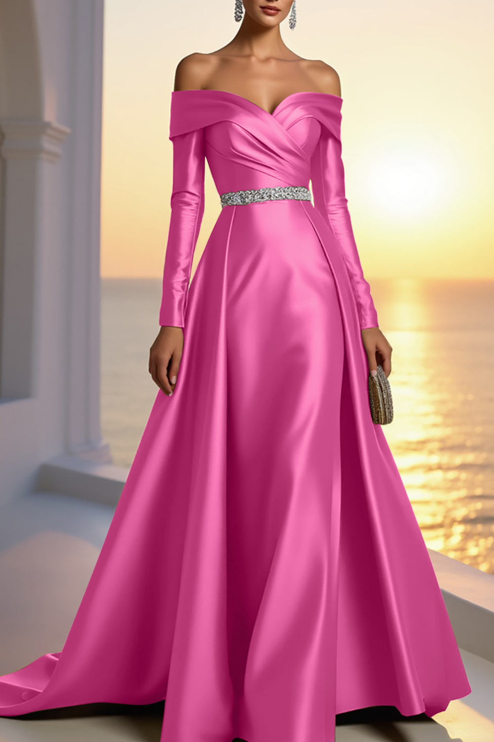 Formal Gold Satin Dress Off The Shoulder Long Sleeve Maxi Gown