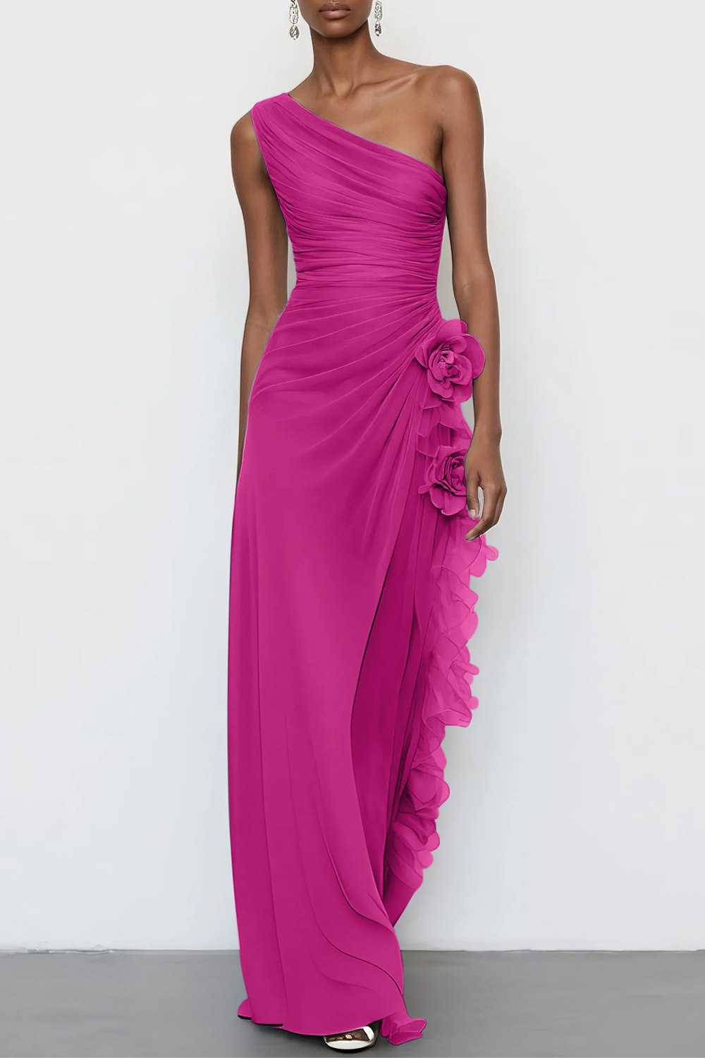 Light Blue 3D Floral Chiffon One Shoulder Sleeveless Sheath Maxi Dress