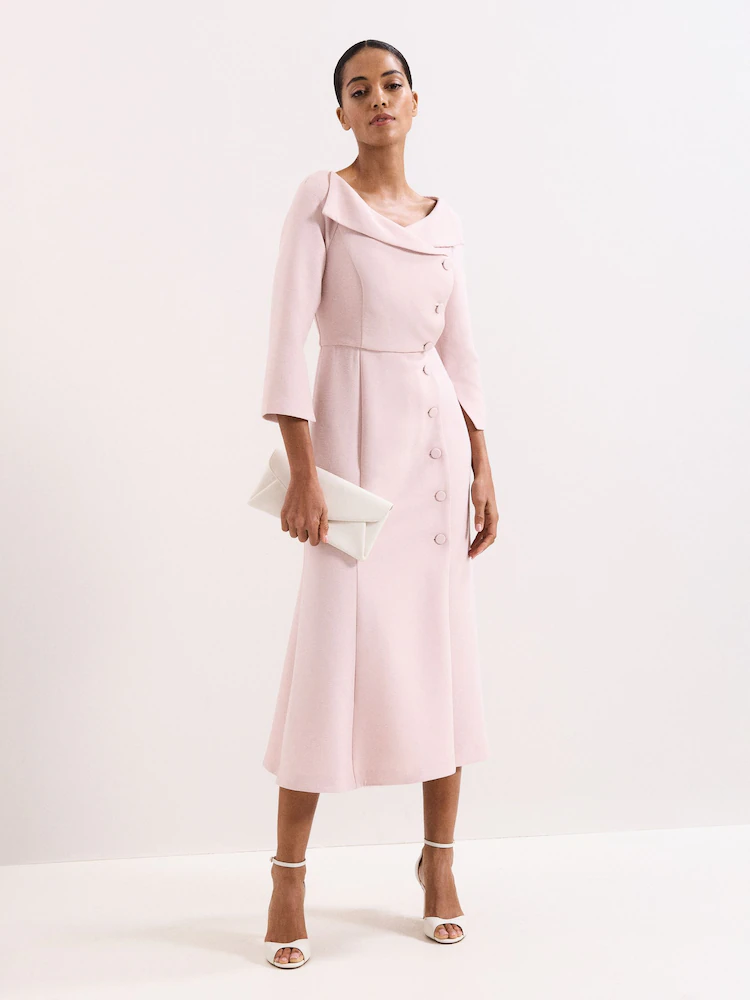 Asymmetric Fold-Collar Button-Detail Midi Dress