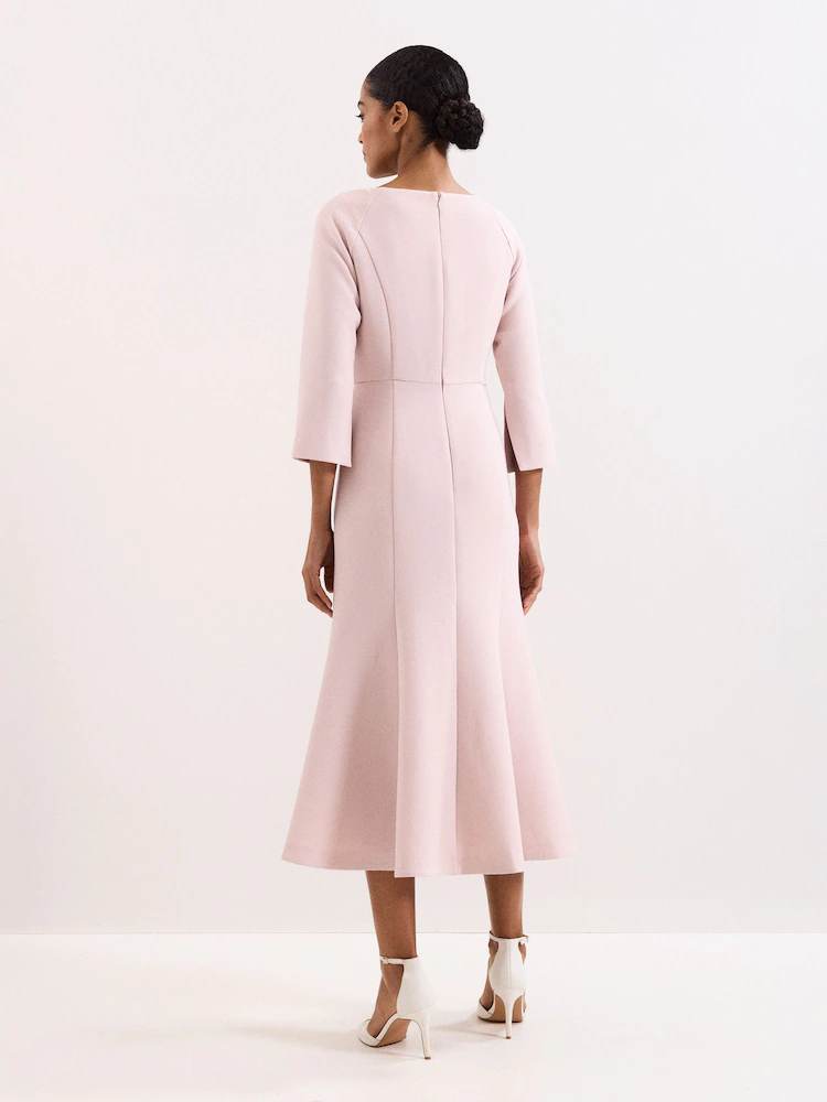 Asymmetric Fold-Collar Button-Detail Midi Dress