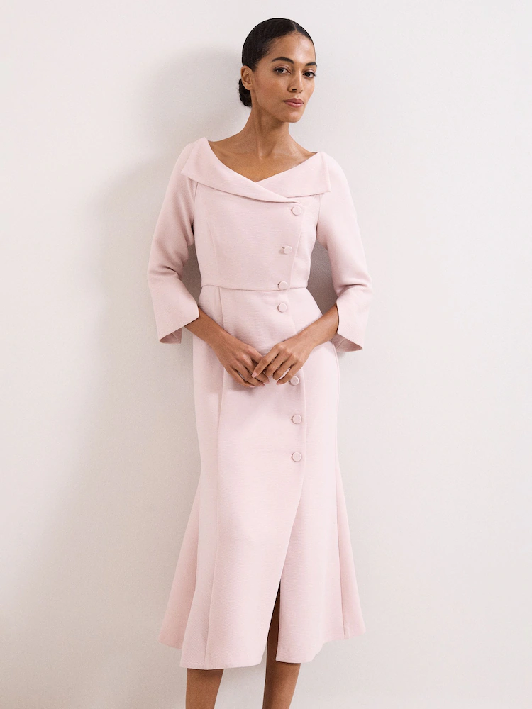 Asymmetric Fold-Collar Button-Detail Midi Dress