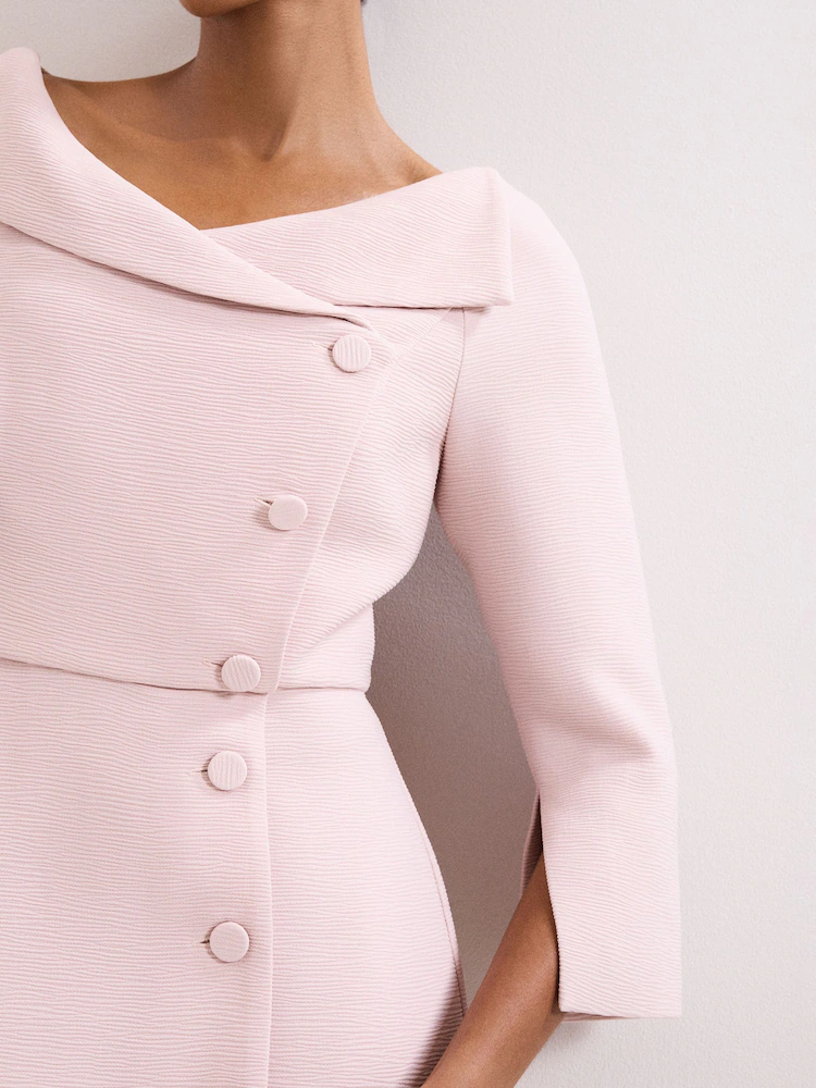 Asymmetric Fold-Collar Button-Detail Midi Dress