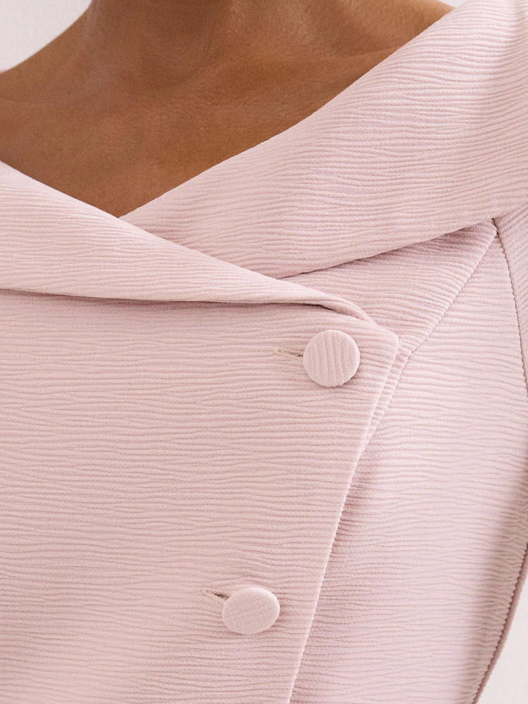 Asymmetric Fold-Collar Button-Detail Midi Dress