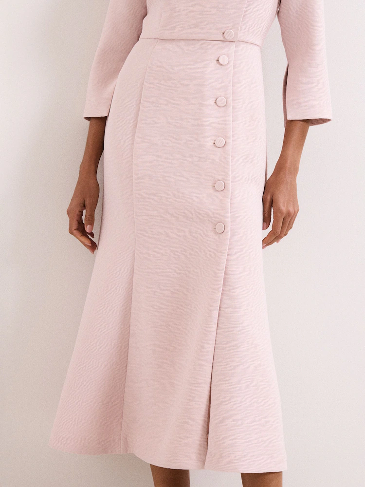 Asymmetric Fold-Collar Button-Detail Midi Dress