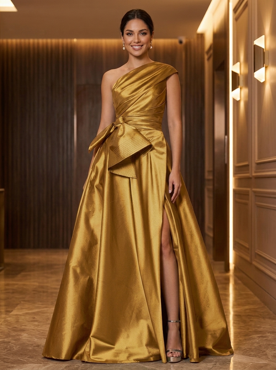 One-Shoulder Pleated Taffeta Evening Gown With Bow Sash and Slit