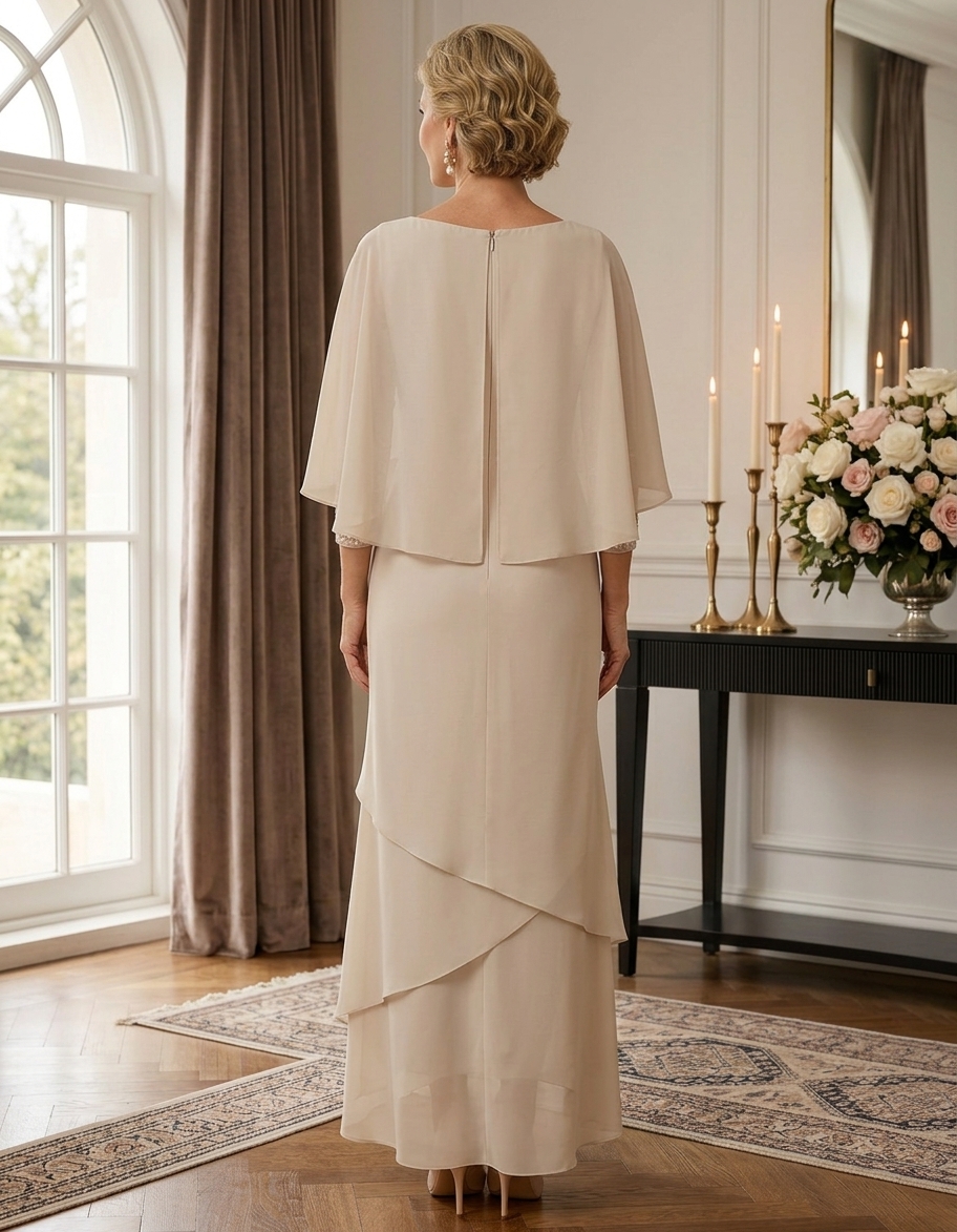 Embellished Capelet Layered Chiffon Evening Gown