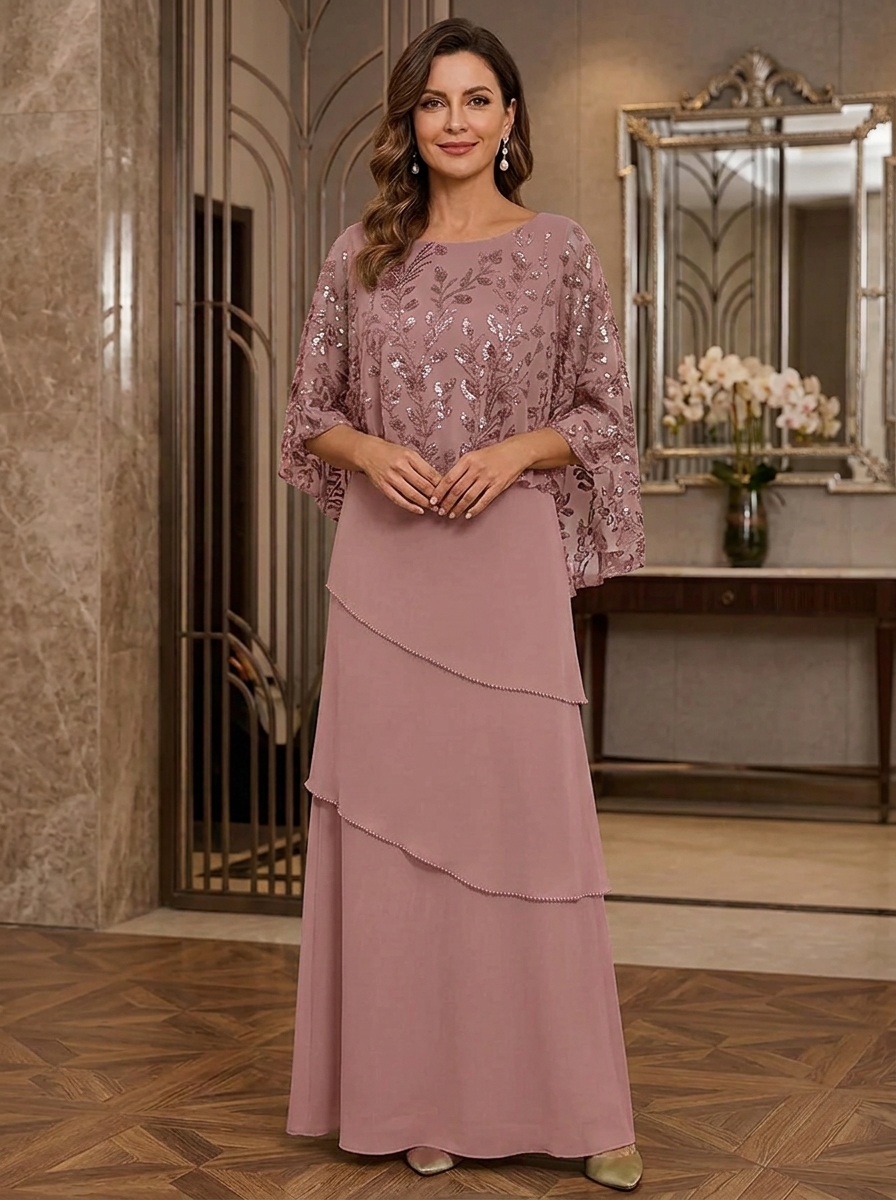 Sequin Embroidered Capelet Chiffon Tiered Evening Gown