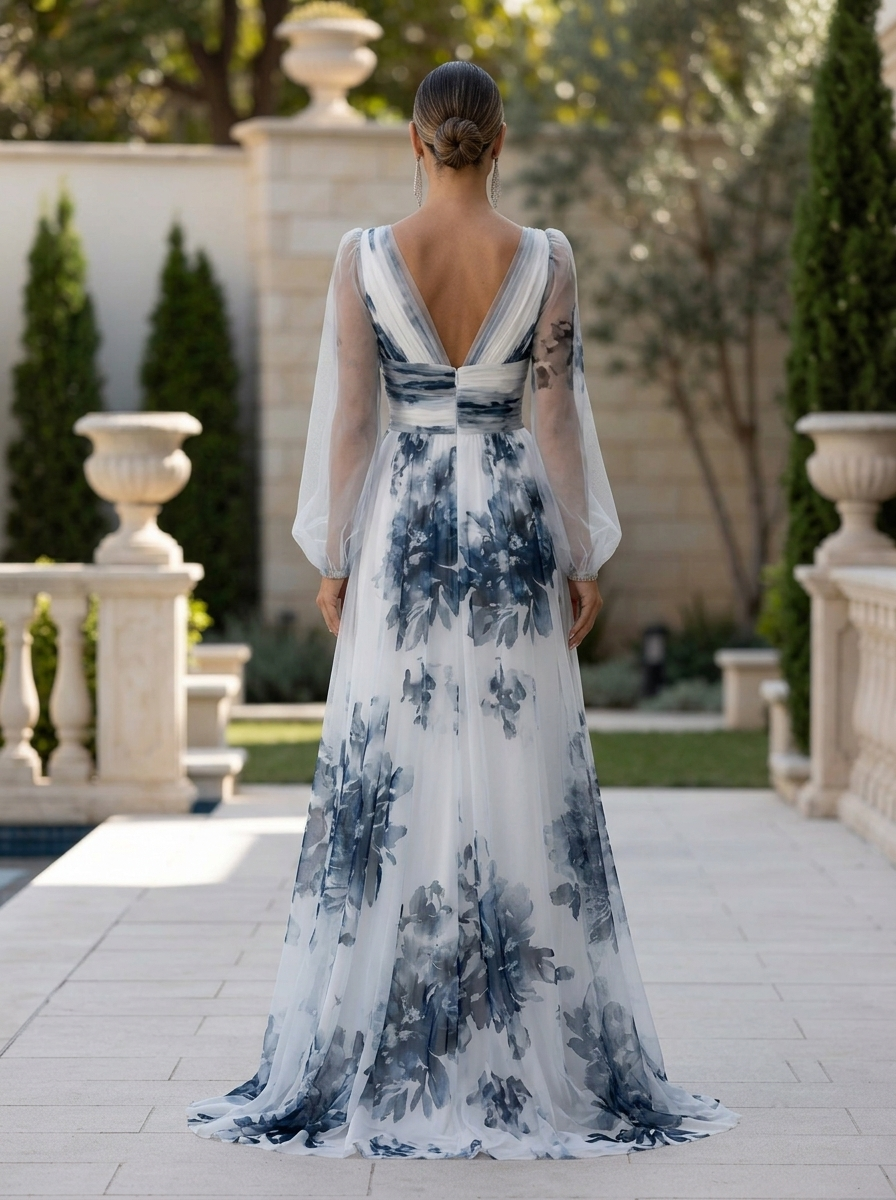 V-Neck Blue Floral Chiffon Overlay Evening Gown