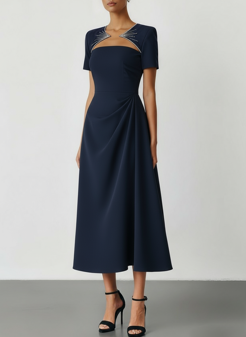 Black Ruched Hot Drilling Classic Crew Neck Short Sleeve A-Line Midi Dress