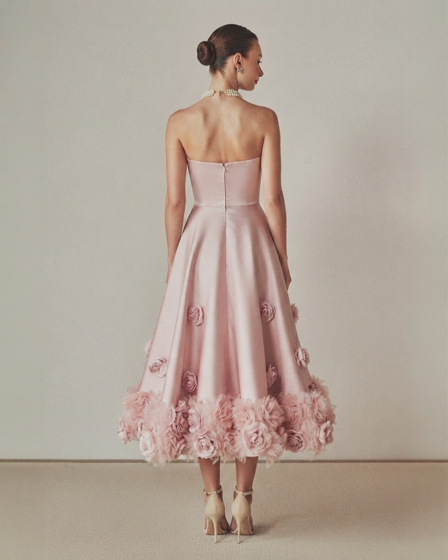 Romantic Rose-Embellished Strapless Satin Midi Dress