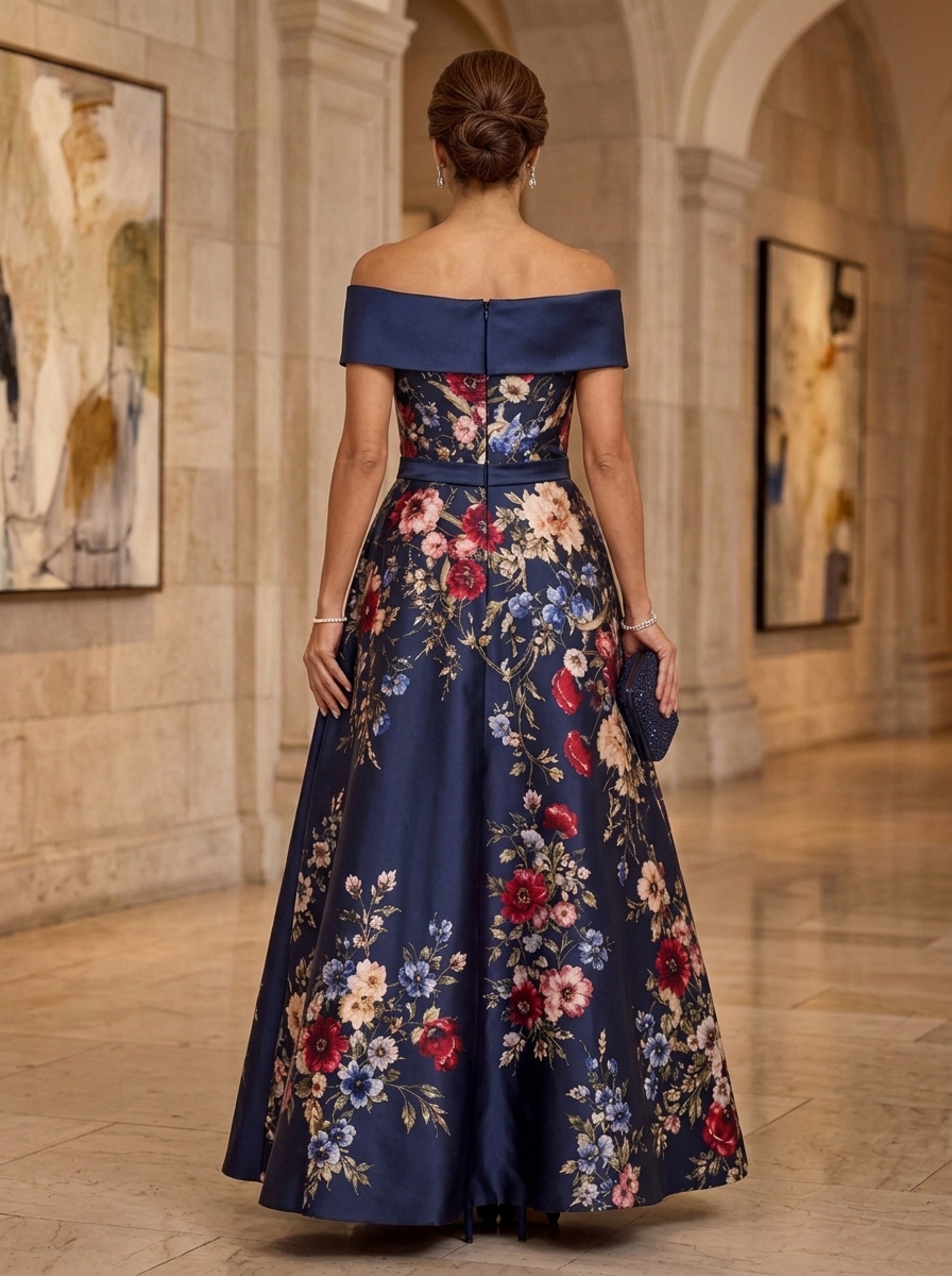 Off-Shoulder Floral Printed Satin Evening Gown