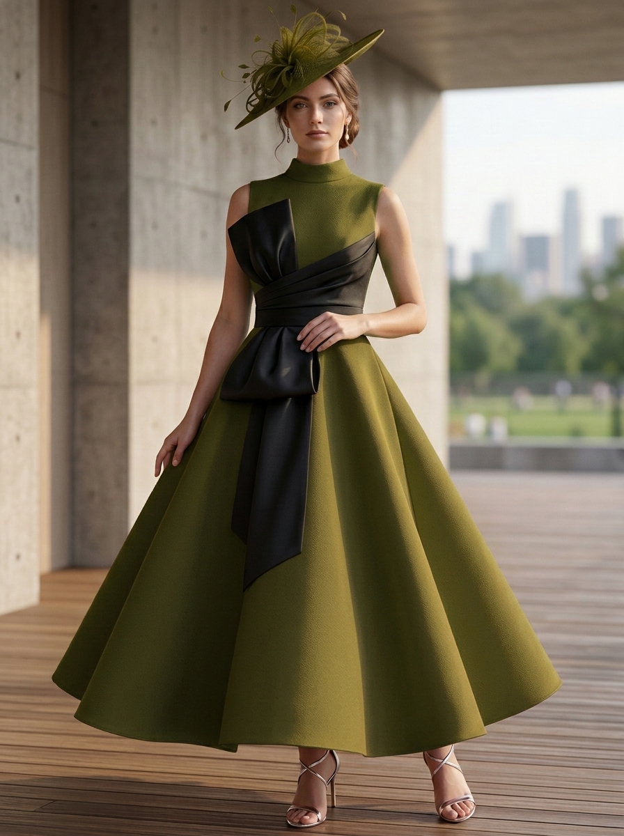 Sleeveless High Neck Mikado Satin Ankle-Length A-Line Dress With Contrast Bow