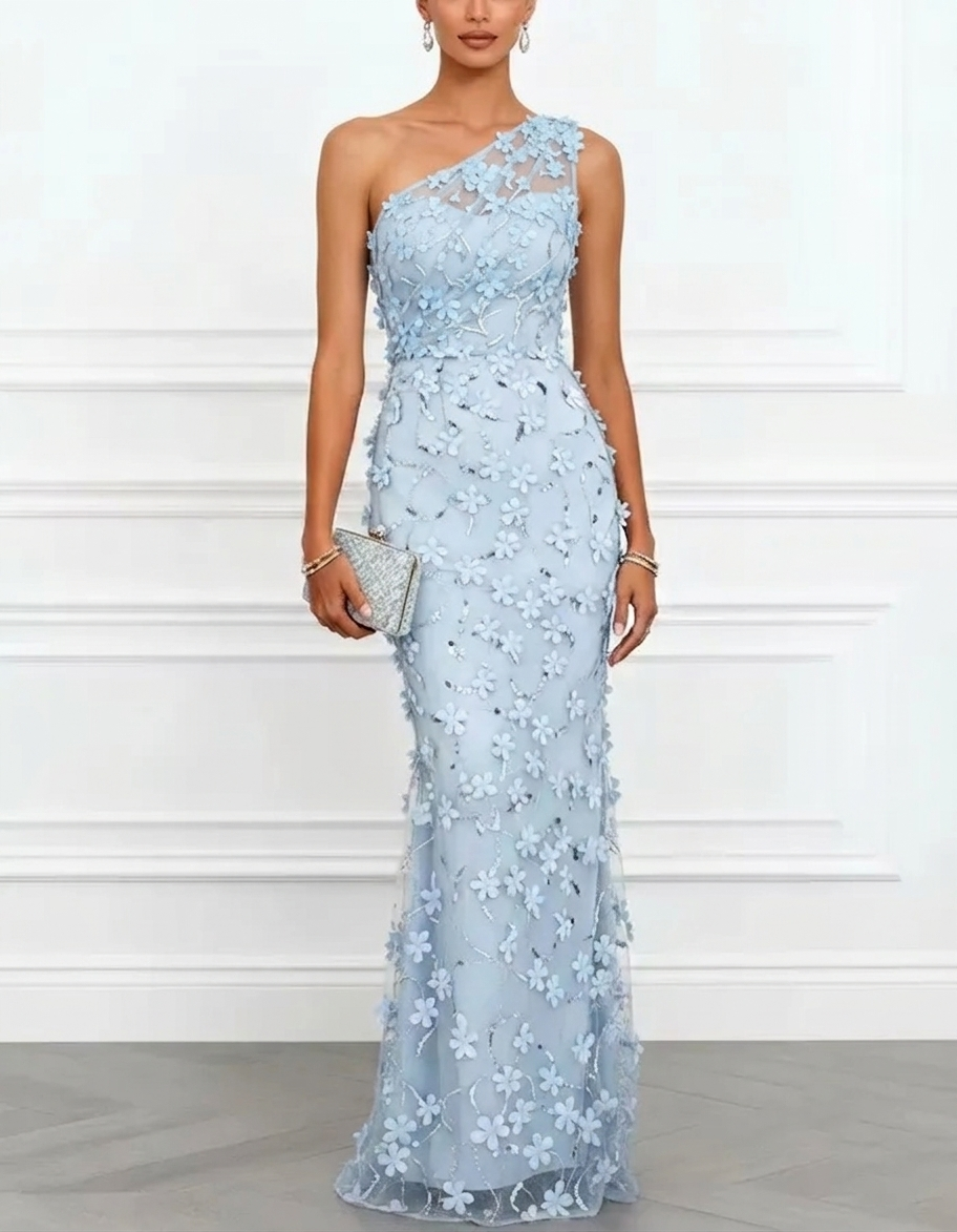 One-Shoulder Floral Appliqué Chiffon Gown