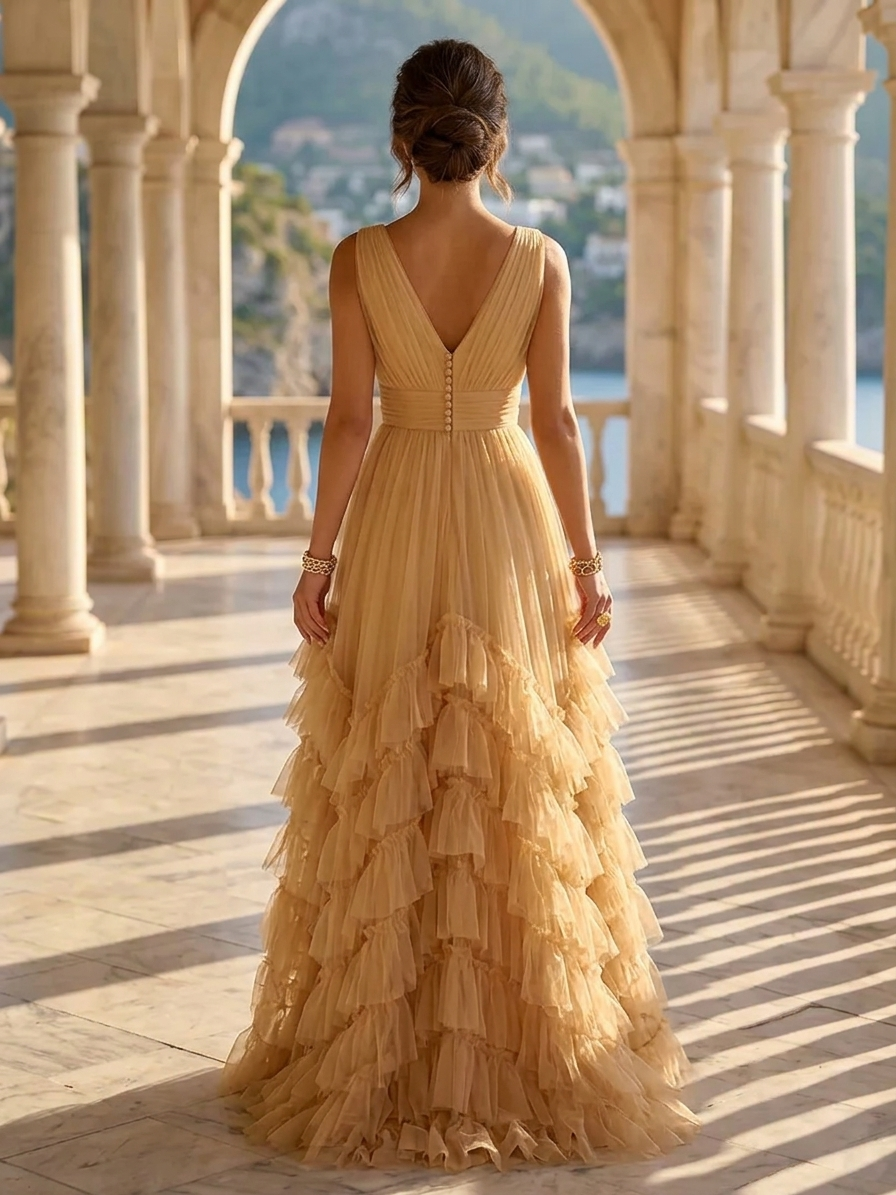 Tulle A Line V Neck Long Formal Dresses with Ruffles