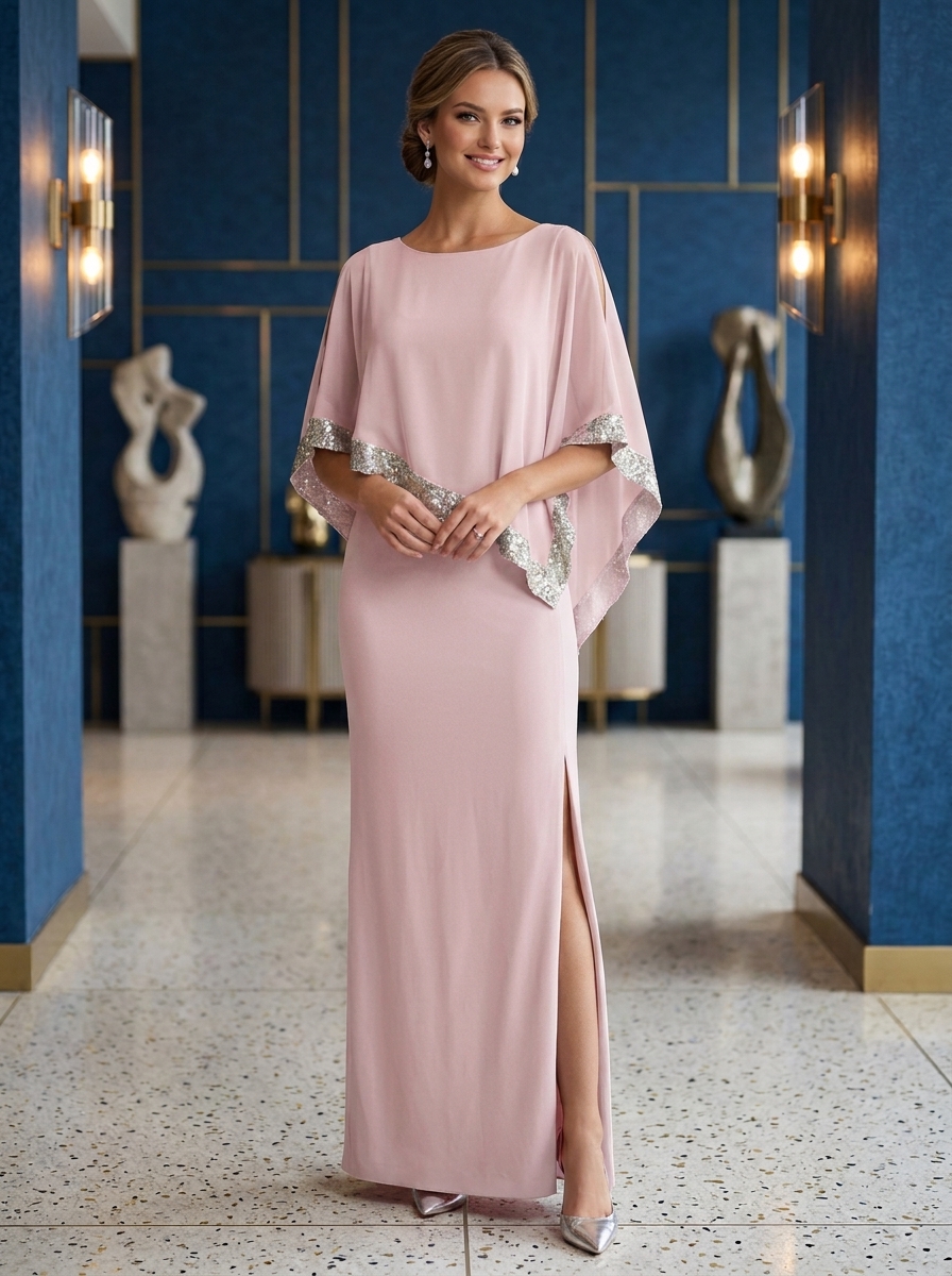 Cold-Shoulder Sequin Trimmed Chiffon Capelet Crepe Evening Gown With Slit