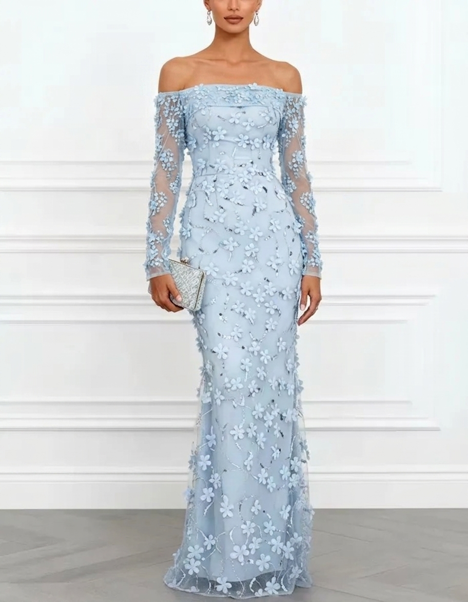 3D Floral Appliqué Off-the-Shoulder Long-Sleeve Evening Gown